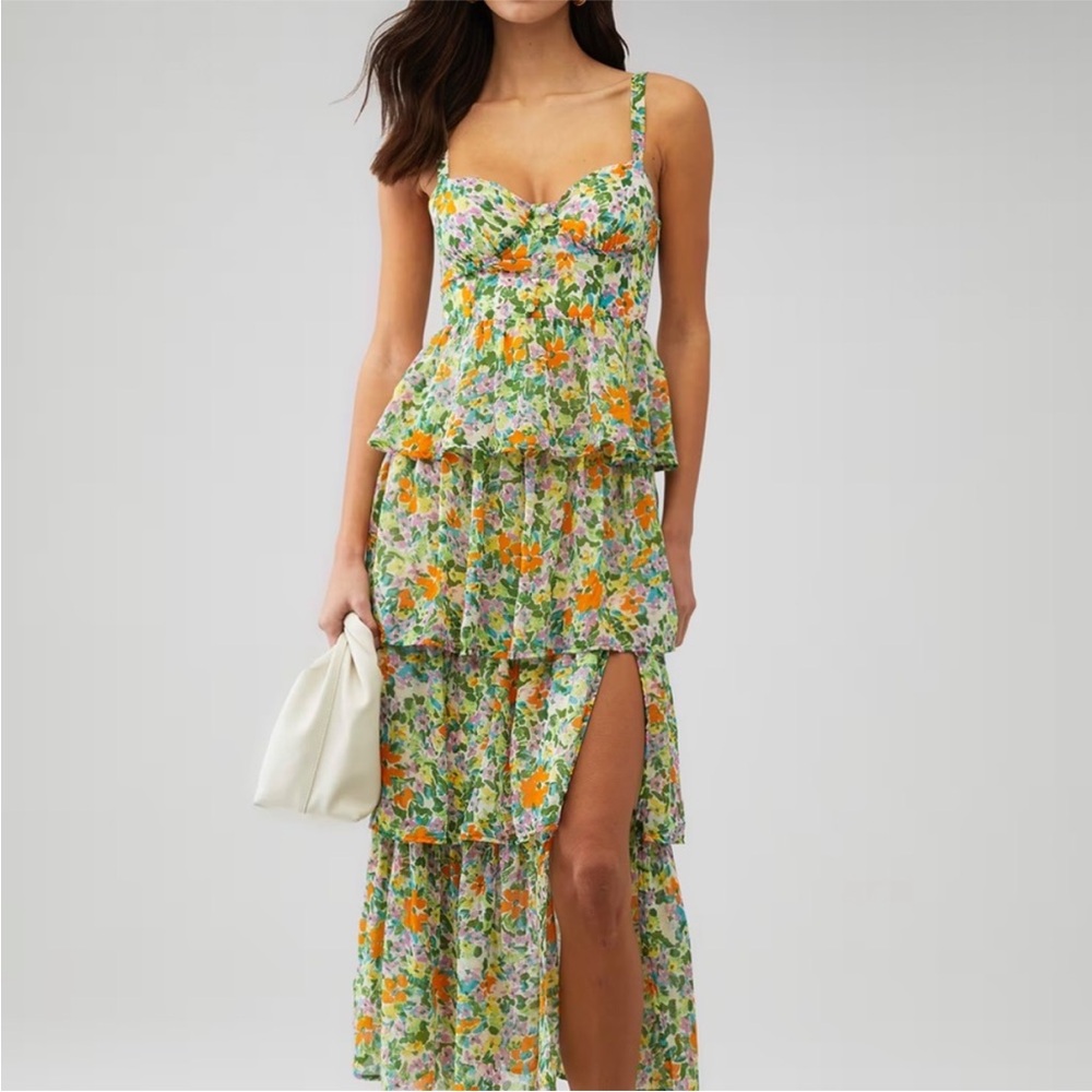 Midsummer Floral Tiered Maxi Dress - Green orange multi / L (ASTR the label)